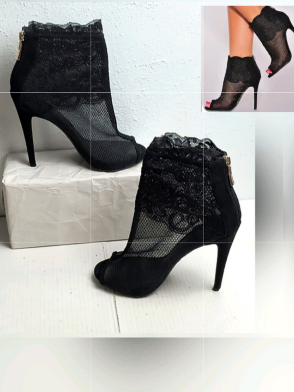 ZiGi girl Ivoree 9 Black Lace Sheer Booties Peep Toe Heels Rear Zipper Casual